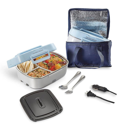 Calentador de alimentos portátil eléctrico Hamilton Beach para el almuerzo en la oficina y el coche con adaptador de 12V, enchufe de 120V, bandeja de acero inoxidable de 3 compartimentos, bolsa de transporte aislada, tenedor y cuchara, azul (33105)