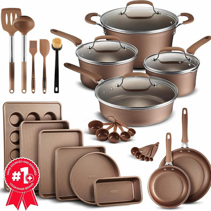 Pots and Pans Set, 23-Piece Non Stick Cookware & Bakeware Sets with Plaid Pattern, Stackable Design, Dishwasher Safe, Stain-Resistant, Oven & All-Stove Safe, Tempered Glass Lid, Golden