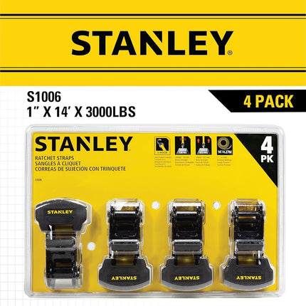 Stanley S1006 Black/Yellow 1" x 14' Ratchet Tie Down Straps - Medium Cargo Securing (3,000 lbs Break Strength), 4 Pack