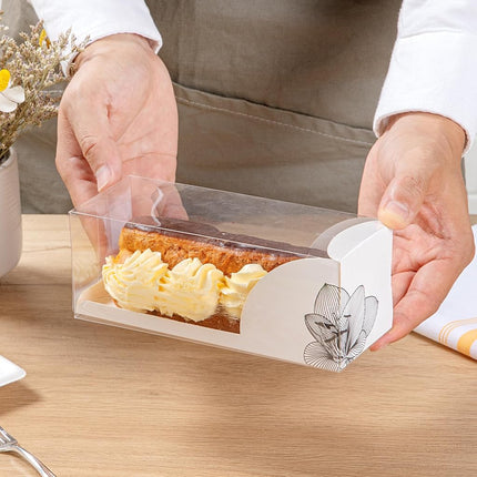 Restaurantware-7 Inch x 2.5 Inch Clear Dessert Boxes, 100 White Paper Sleeve Transparent Candy Boxes - Lotus Accent, No Grease Lining, Clear Plastic Clear Favor Boxes, Crack Resistant, Disposable