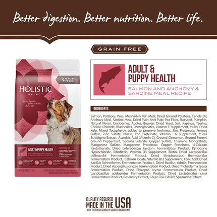 Holistic Select Natural Grain Free Dry Dog Food, Adult & Puppy Salmon, Anchovy & Sardine Recipe, 10.88kg Bag