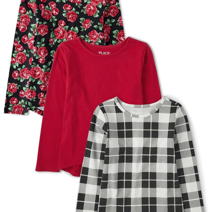 The Children's Place Camiseta de moda de punto de manga larga para niñas, paquete de 3, rojo clásico 1 | Rosas grandes_Negro | Cuadros de abedul estampados_Negro_Blanco simple, extrachico