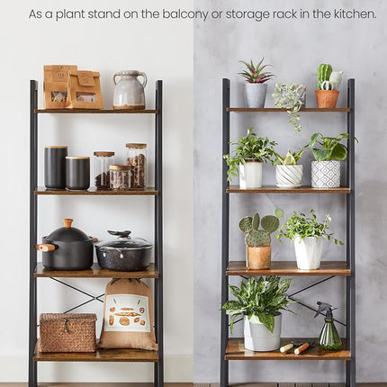 VASAGLE Ladder Shelf, 4-Tier Bookshelf, Storage Rack, Bookcase with Steel Frame, for Living Room, Home Office, Kitchen, Bedroom, Industrial Style, Rustic Brown and Black ULLS44X