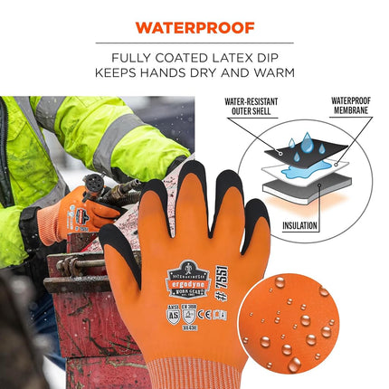 Ergodyne ProFlex 7551 Coated Waterproof Winter Work Gloves - A5 Cut-Resistant, orange,small,count of 2