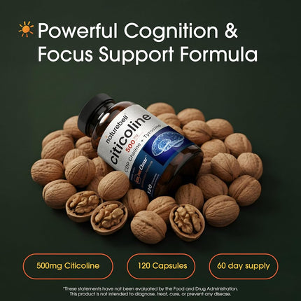NatureBell Citicoline Capsule Supplement, Made with Colineclear, 500mg Citicoline Plus 50mg Tyrosine Per Serving, 120 Capsules, Non-GMO