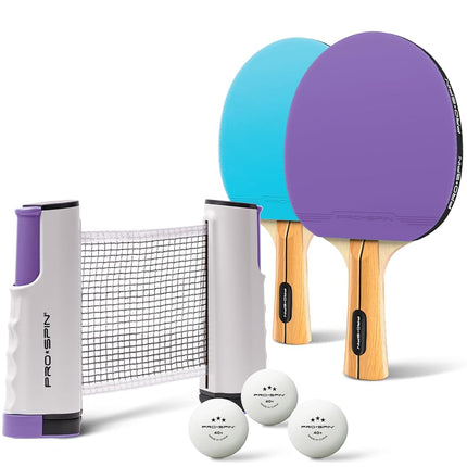 PRO-SPIN Table Tennis Bat Set – with Table Tennis Net for Any Table, Table Tennis Balls 3 Stars, Bag/Cover, Extendable Mobile Table Tennis Net (Blue, Purple, Set for 2 Players)