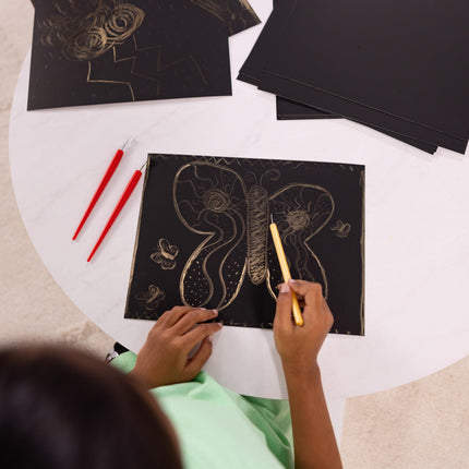 Melissa & Doug Scratch Art Scratchboard - Paquete de 50, Oro Brillante sobre Fondo Negro