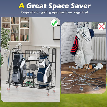 Organizador de bolsas de golf GYMAX, estante de almacenamiento con ruedas bloqueables y soporte lateral para palos, soporte para equipos extragrande para accesorios de golf (2 compartimentos)