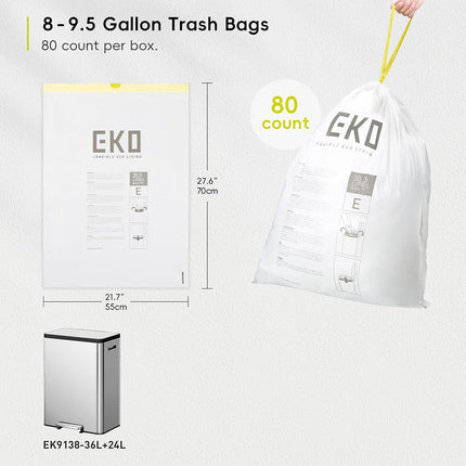 EKO Easy-Dispense Roll 80 Count Extra-Strong Drawstring Tall Kitchen Trash Bag, 8-9.5 Gallon Trash Bag (30.3L-36L) 1 Pack White, Code E
