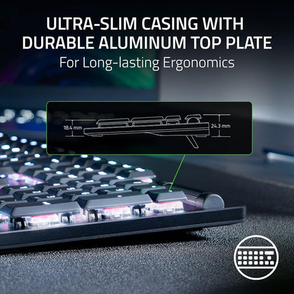Teclado para juegos Razer DeathStalker V2: Switches ópticos de perfil bajo - Púrpura Clicky - Teclas recubiertas ultraduraderas - Placa superior de aluminio duradero - Rodillo multifunción y botón multimedia - Chroma RGB