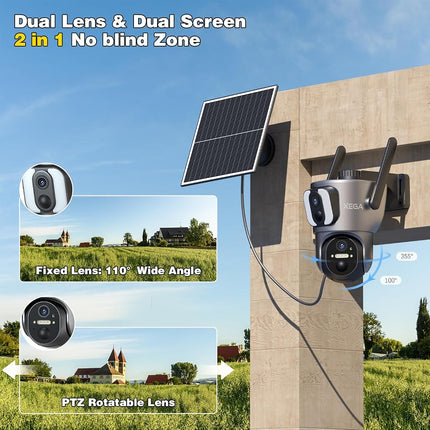Xega 4G【Dual Lens】 Security Camera Outdoor with SIM Card, 14400mAh Solar Powered Wireless No WiFi Security Camera, 2K HD PTZ CCTV with Human Detection Spotlight Siren Alert TF Cloud Storage IP66