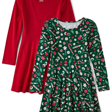 Lot de 2 robes patineuses tendance à manches longues The Children's Place pour filles, taille unique, Père Noël, Moyen