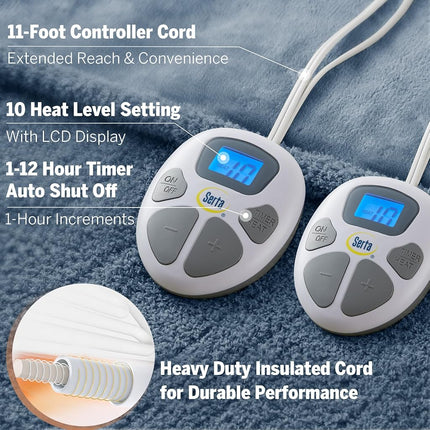 Manta Eléctrica Serta Térmica, Manta Eléctrica Tamaño Queen, Suave, Cálida, Difusa, Manta Calefactora Queen para Oficina, Sofá, Temporizador de Apagado Automático de 1-12 Horas, 10 Niveles de Calentamiento, Certificación ETL, Queen 84" x 90" Azul Marino