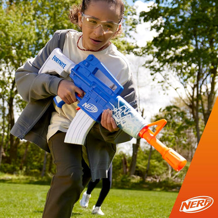 Nerf Fortnite Blue Shock Blaster, chargeur 10 fléchettes, 10 fléchettes Nerf Elite, inclut un code bonus pour débloquer le revêtement « The Beat » dans le jeu, blaster motorisé