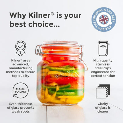 Kilner Square Clip Top Jar 3L (3000ml) Airtight Glass Jar for Preserving Whole Fruits Vegetables and Storing Cereals Pasta Nests Pet Biscuits