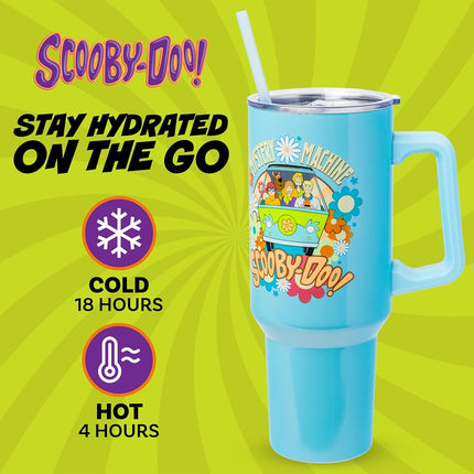 Silver Buffalo Scooby Doo Mystery Machine Featuring Shaggy, Velma, Fred and Daphne Stainless Steel Tumbler with Handle and Straw, Fits in Standard Cup Holder, 40 Ounces