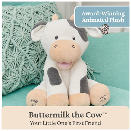 GUND Peluche animado de vaca Buttermilk, juguete sensorial de peluche que canta, canta Old Macdonald y enseña sonidos de animales, crema/gris, 30.5 cm