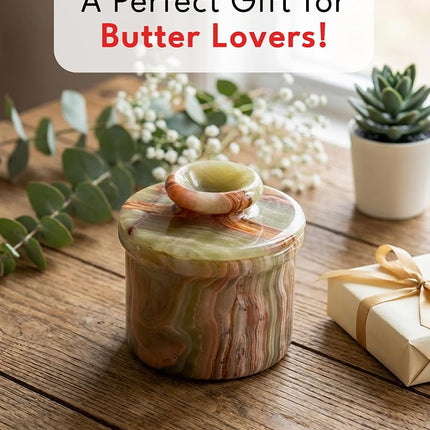 Radicaln Handmade Green Onyx Marble Butter Keeper 4.25" – French Butter Dish for Soft, Spreadable Butter | Elegant Countertop Butter Crock for Kitchen