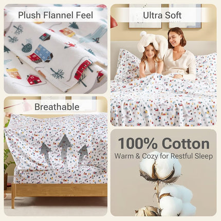 SLEEP PHILOSOPHY True North 100% Cotton Flannel Sheets King Size, Cozy Flannel Sheet Set Brushed for Extra Softness, Heavyweight Novelty Print Warm Flannel Bedding Set,White Village Print 4 Piece