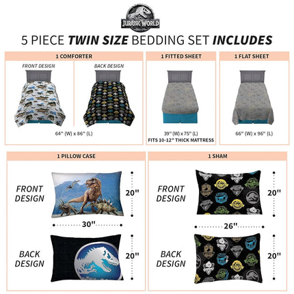 Franco Kids Bedding Super Soft Comforter and Sheet Set with Sham, 5 Piece Twin Size, Jurassic World,6A1348