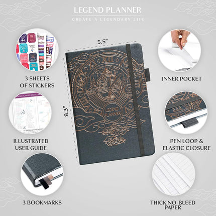 Legend Planner – Deluxe Weekly & Monthly Life Planner to Hit Your Goals & Live Happier. Organizer Notebook & Productivity Journal. A5 Hardcover, Undated – Start Any Time + Stickers – Mystic Gray
