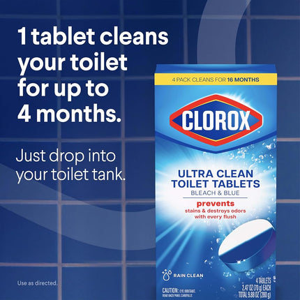 Clorox Bleach & Blue Nettoyant Automatique pour Cuve de Toilettes Parfum Pluie, 4 unités, Bleach & Blue, 4 unités