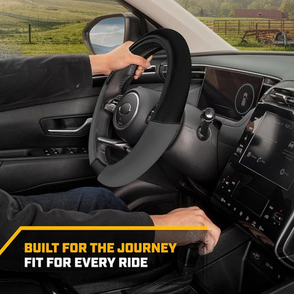 CAT® ErgoDrive Car Steering Wheel Cover with Dark Gray Grip, Standard 15 inch Size, Durable and Comfortable with Advanced Grip, Black Faux Leather Steering Wheel Cover for Auto Truck Van SUV