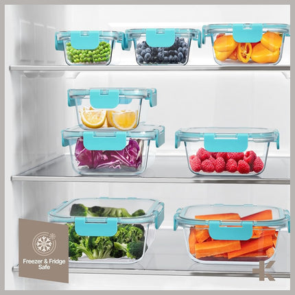 Aqua Borosilicate Glass Food Storage Containers with Lids 16 Pieces, Food-grade, BPA-Free Stackable Glass Lunch & Leftover Containers, Microwave, Freezer & Dishwasher Safe, Airtight Leak-Proof