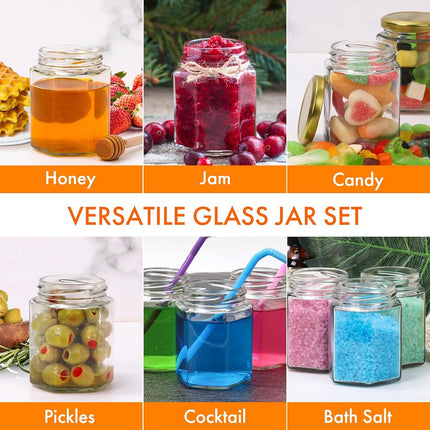 6oz Glass Small Jars with Lids 30Pack, AuroTrends Honey in Bulk for Baby Shower Favors/Wedding Favors -Small Canning Wooden Dippers/Bee Charms/Stickers/Jute Twine (6fl.oz-30Pack) Gold