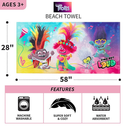 Franco Kids Super Soft Cotton Beach Towel, 58 in x 28 in, Trolls World Tour