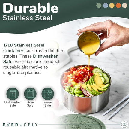 Everusely Stainless Steel Containers with Lids, Leakproof Stainless Steel Lunch Containers, Stackable Stainless Steel Food Containers with Lids, Metal Food Containers with Lids, Snack Containers