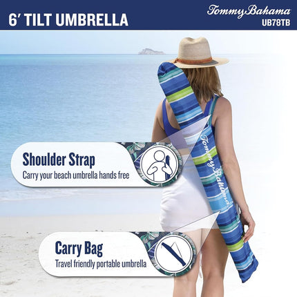 Tommy Bahama 6' UPF 50+ Tilt Beach Umbrella with Wind Vent, Green and Blue Stripe