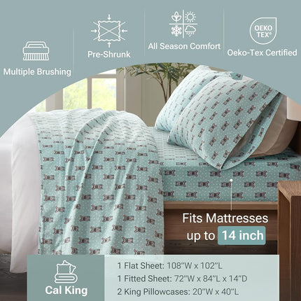 SLEEP PHILOSOPHY True North Cozy Flannel 100% Cotton Ultra Soft Cold Weather Sheet Set Bedding, Cal King, Aqua French Bulldog