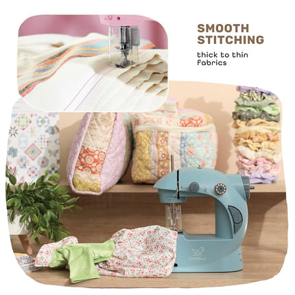 CraftBud Mini Sewing Machine for Beginners, Small Portable Double Speed Sewing Machine for Kids and Adults with Extension Table, 122 Pieces Gift Set Including Fabrics, One