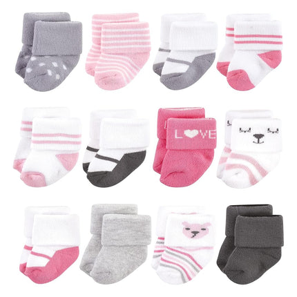 Hudson Baby Calcetines de Felpa y Algodón para Recién Nacida y Bebé Niña, Diseño Oso Niña, Paquete de 12, 6-12 Meses