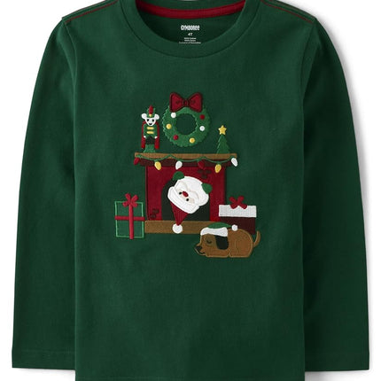 Gymboree Boys' and Toddler Embroidered Graphic Long Sleeve T-Shirts, Santa Chimney, 12-18 Months