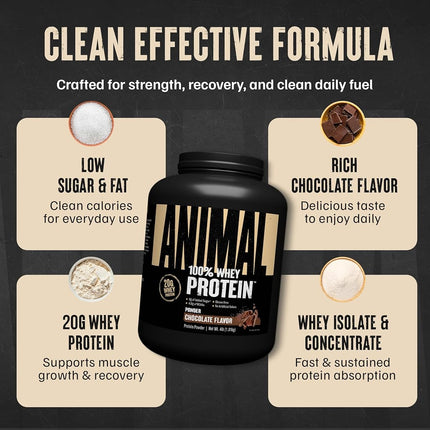 Animal Protein Powder 100% Whey - 4.6g BCAA - Only 1g Added Sugar, No Artificial Colors, Sports Nutrition Concentrate-Isolate Blend - Recovery Supplement and Post Workout Shake - Chocolate - 4lb