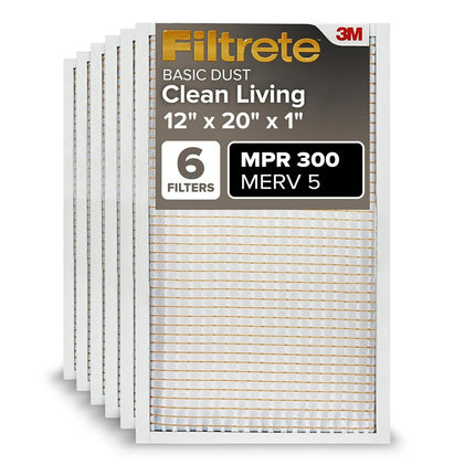 Filtrete 12x20x1 Furnace Air Filter MPR 300 MERV 5, Clean Living Basic Dust, 6-Pack (exact dimensions 11.81 x 19.81 x 0.81)