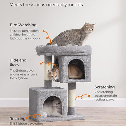 Feandrea Cat Tree Tower, 74 cm, M, Condo for Medium Cats up to 11 lb, Large Perch, 2 Caves, Scratching Post, Light Gray UPCT612W01