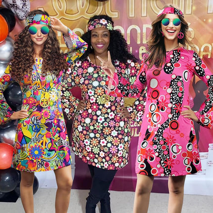 MRYUWB 70s Hippie Dress Costumes Necklace Earrings Sunglass Women Disco Outfit, 60s Party Costume, Halloween Retro Dresses (Vibrant Flowers, S), (F0154)