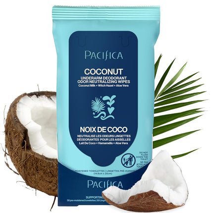 PACIFICA Lingettes déodorantes pour aisselles - Lait de coco et huile essentielle pour femme, 30 lingettes, BLANC, (Lot de 1)
