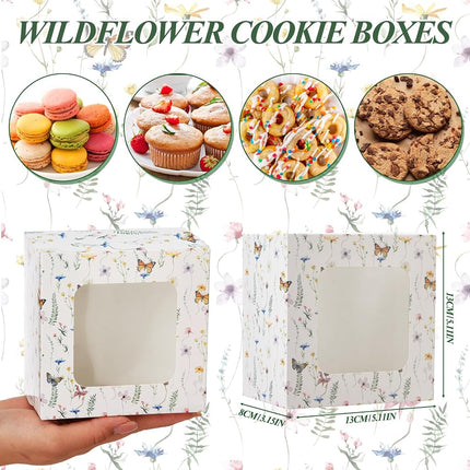 Chivertion 50 Pcs Wild Flower Cookie Box with Window Wildflower Small Bakery Boxes Cake Treat Containers for Pastry Donuts Macaroon Wedding Bridal Shower Birthday Party Favors