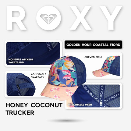Roxy Girls Honey Coconut Trucker Hat – Adjustable Summer Cap for Girls, Lightweight and Breathable, Golden Hour Coastal Fjord, One Size
