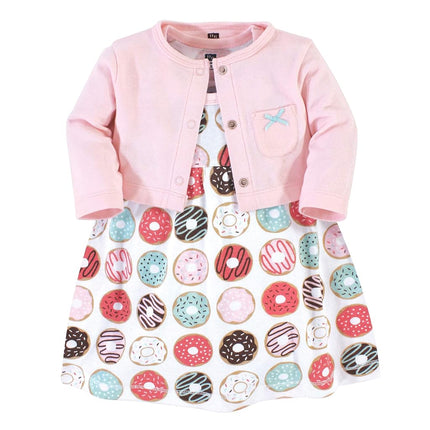 Hudson Baby Girls' Cotton Dress and Cardigan Set, Donuts, 3 Toddler