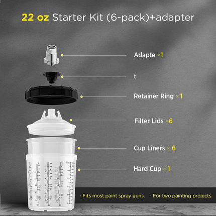 InoKraft Disposable Paint Spray Gun Cup, Standard 22 Ounce (650ml) Kit with 6 Cups and Lids, 1 Hard Cup with Retainer Ring, 3 Plugs, Paint System for HVLP LVLP Spray Gun with Adapter for Beginner