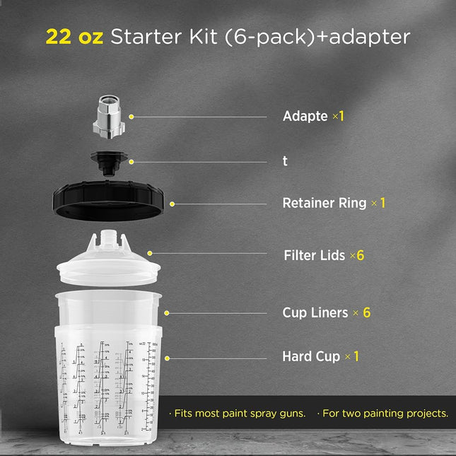 InoKraft Disposable Paint Spray Gun Cup, Standard 22 Ounce (650ml) Kit with 6 Cups and Lids, 1 Hard Cup with Retainer Ring, 3 Plugs, Paint System for HVLP LVLP Spray Gun with Adapter for Beginner