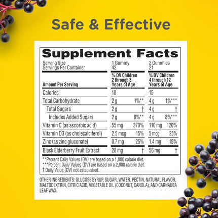 Zarbee's No Sugar Coating Elderberry Gummies for Kids, Daily Immune Support* Gummies with Vitamins C, D3 & Zinc to Support a Healthy Immune System*, No Artificial Flavors, Ages 2+, 42 ct