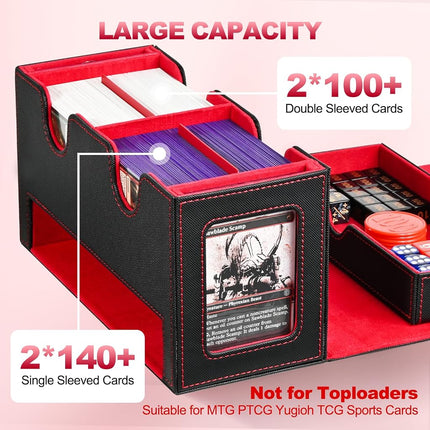 UAONO Card Deck Box for MTG, Double Card Storage Box with 2 Commander Display & 1 Dice Tray, Fits 200+ Double Sleeved Cards, Card Organizer for CCG TCG Sports Cards (Black Red)