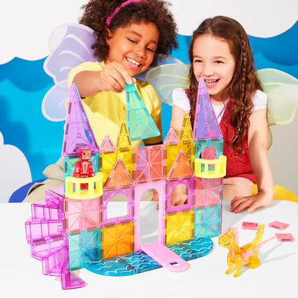 Magna-Tiles Château DLX + microMAGS Ensemble de construction magnétique 48 pièces – Jouet de construction de château de luxe avec pont-levis, dragon et escaliers en colimaçon – Jeu STEM créatif pour enfants à partir de 3 ans