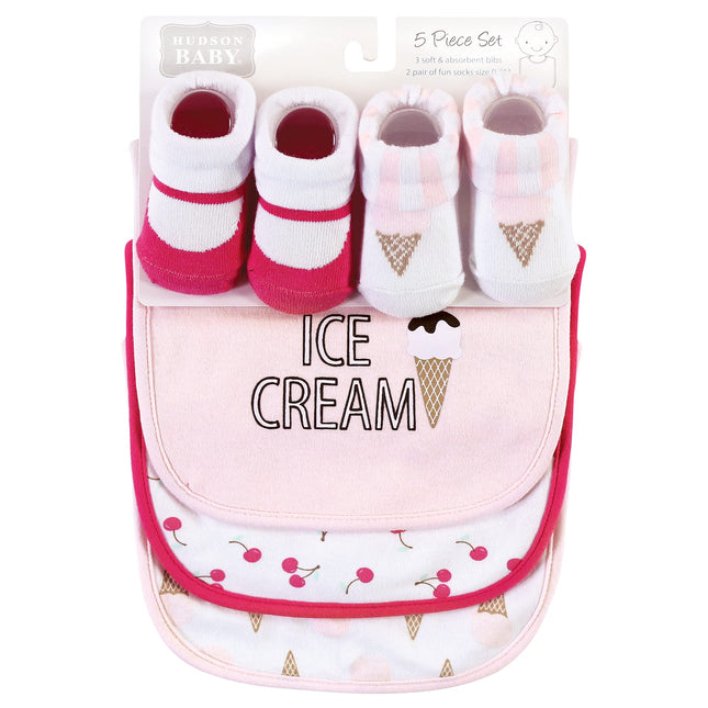 Hudson Baby Unisex Baby Cotton Bib and Sock Set, Ice Cream, One Size